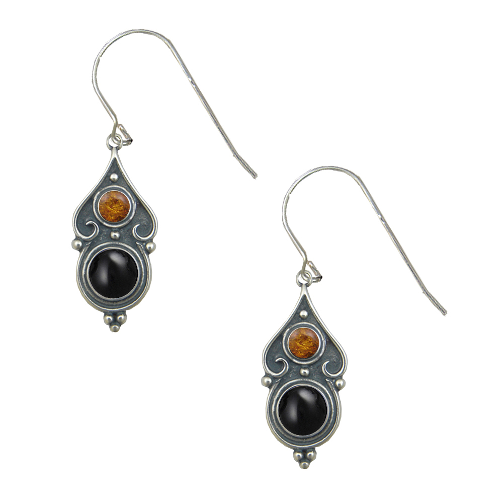 Sterling Silver Designer Post Stud Earrings With Black Onyx And Amber